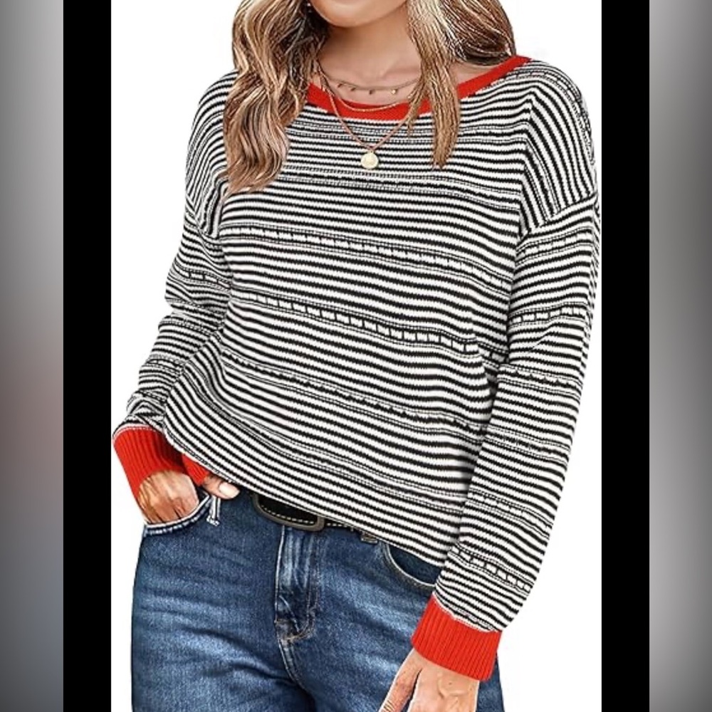 zeagoo Black & White Striped Crewneck Sweater with Red Trim